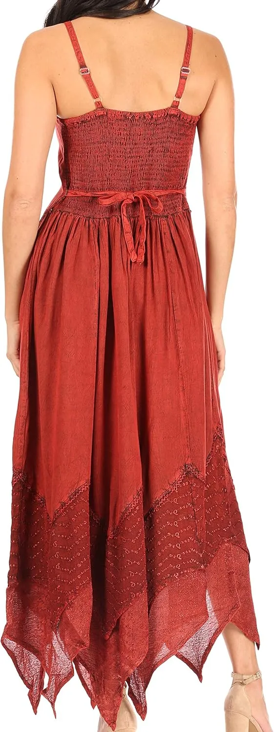 Sakkas Rayon Embroidered Stonewashed Adjustable Spaghetti Straps Long Dress