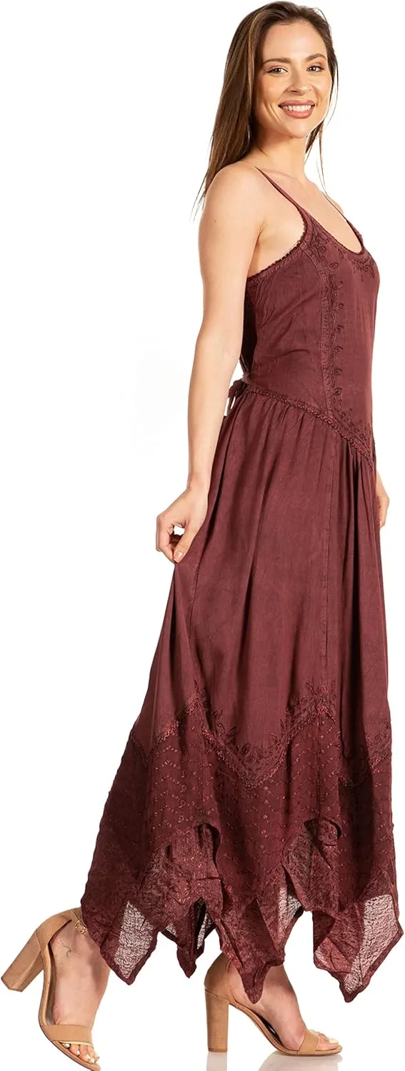 Sakkas Rayon Embroidered Stonewashed Adjustable Spaghetti Straps Long Dress