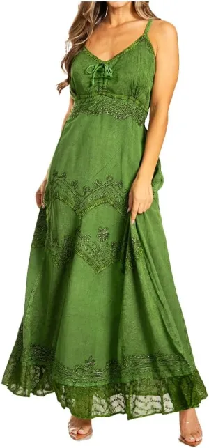 Sakkas Stonewashed Rayon Embroidered Adjustable Spaghetti Straps Long Dress