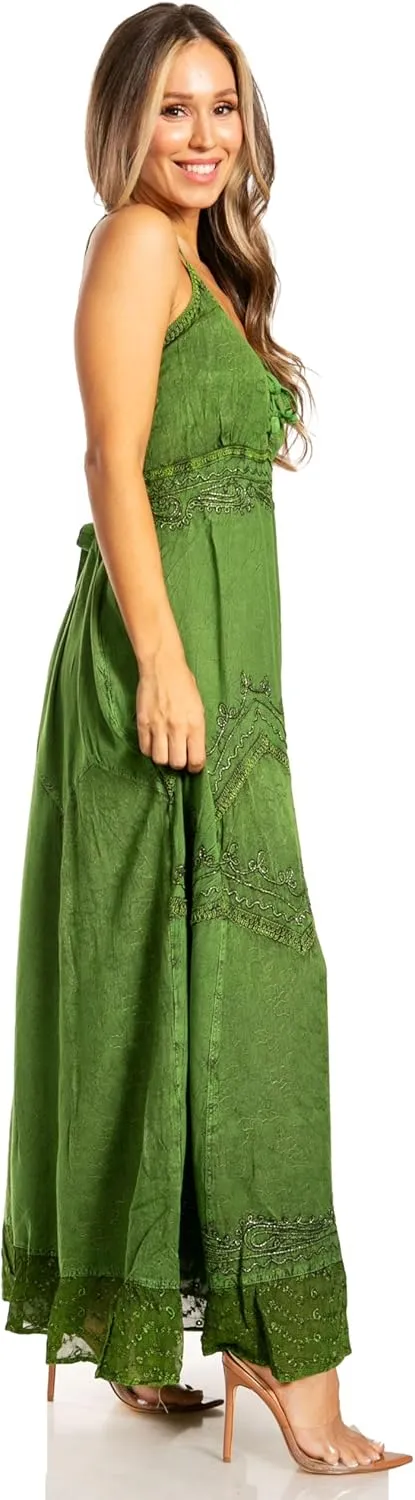 Sakkas Stonewashed Rayon Embroidered Adjustable Spaghetti Straps Long Dress