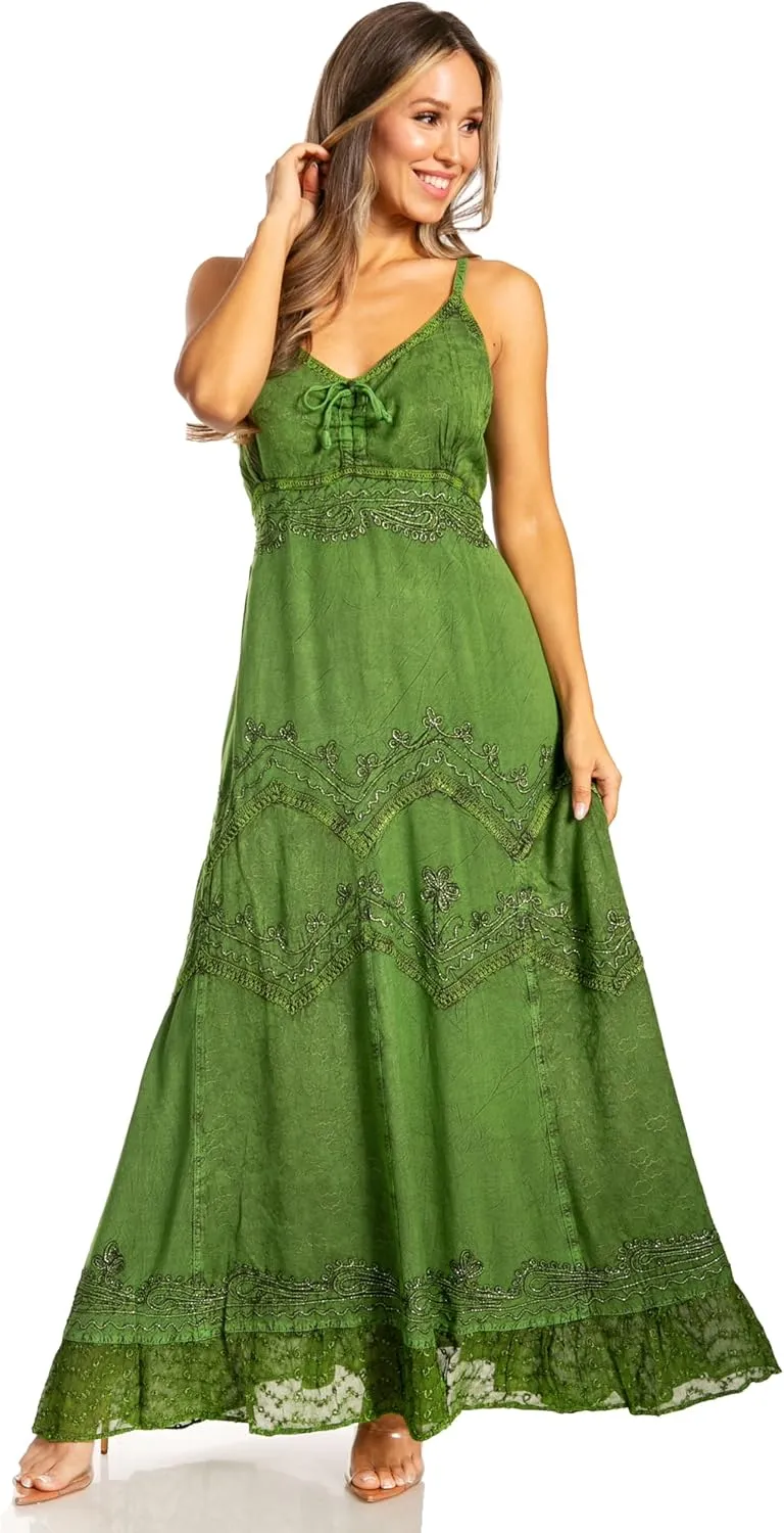 Sakkas Stonewashed Rayon Embroidered Adjustable Spaghetti Straps Long Dress