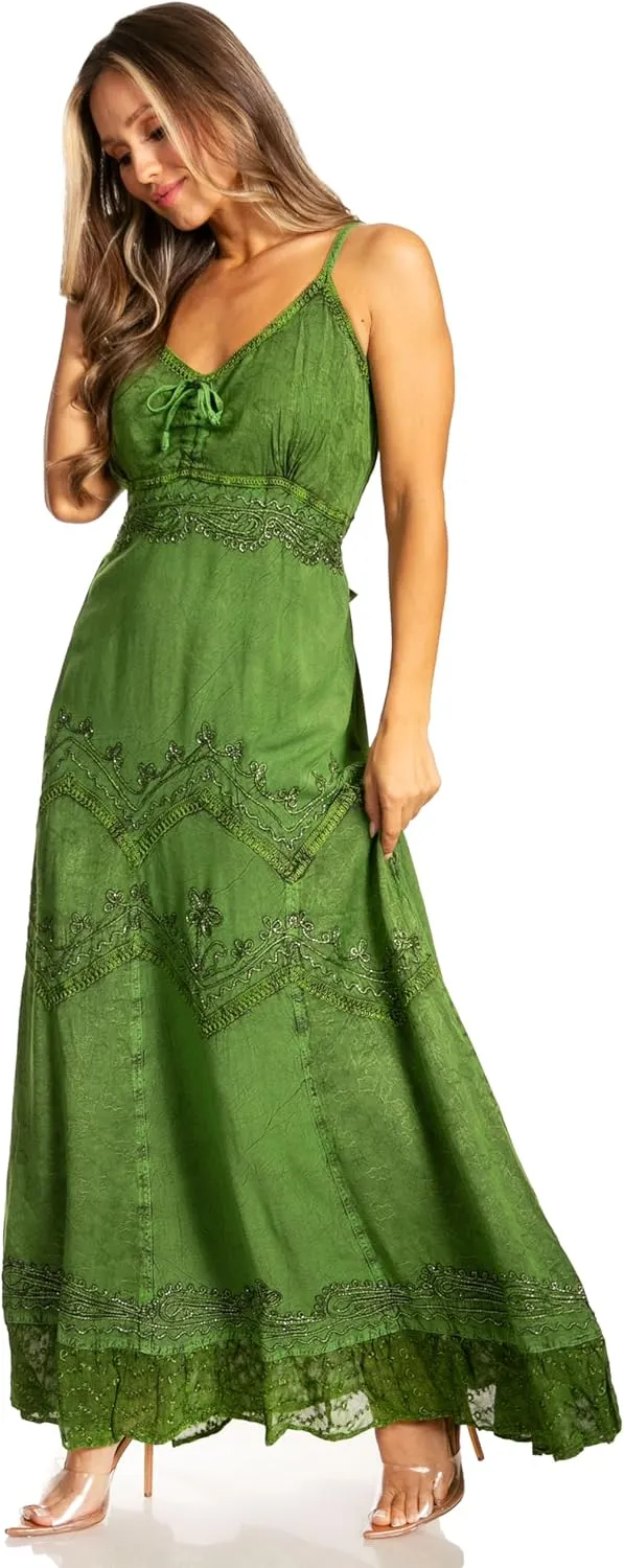 Sakkas Stonewashed Rayon Embroidered Adjustable Spaghetti Straps Long Dress