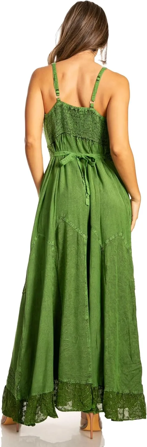 Sakkas Stonewashed Rayon Embroidered Adjustable Spaghetti Straps Long Dress
