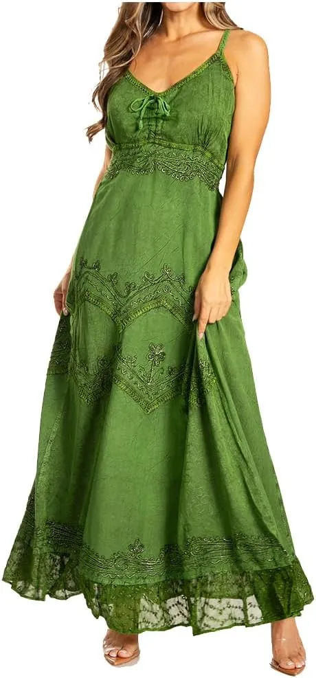 Sakkas Stonewashed Rayon Embroidered Adjustable Spaghetti Straps Long Dress