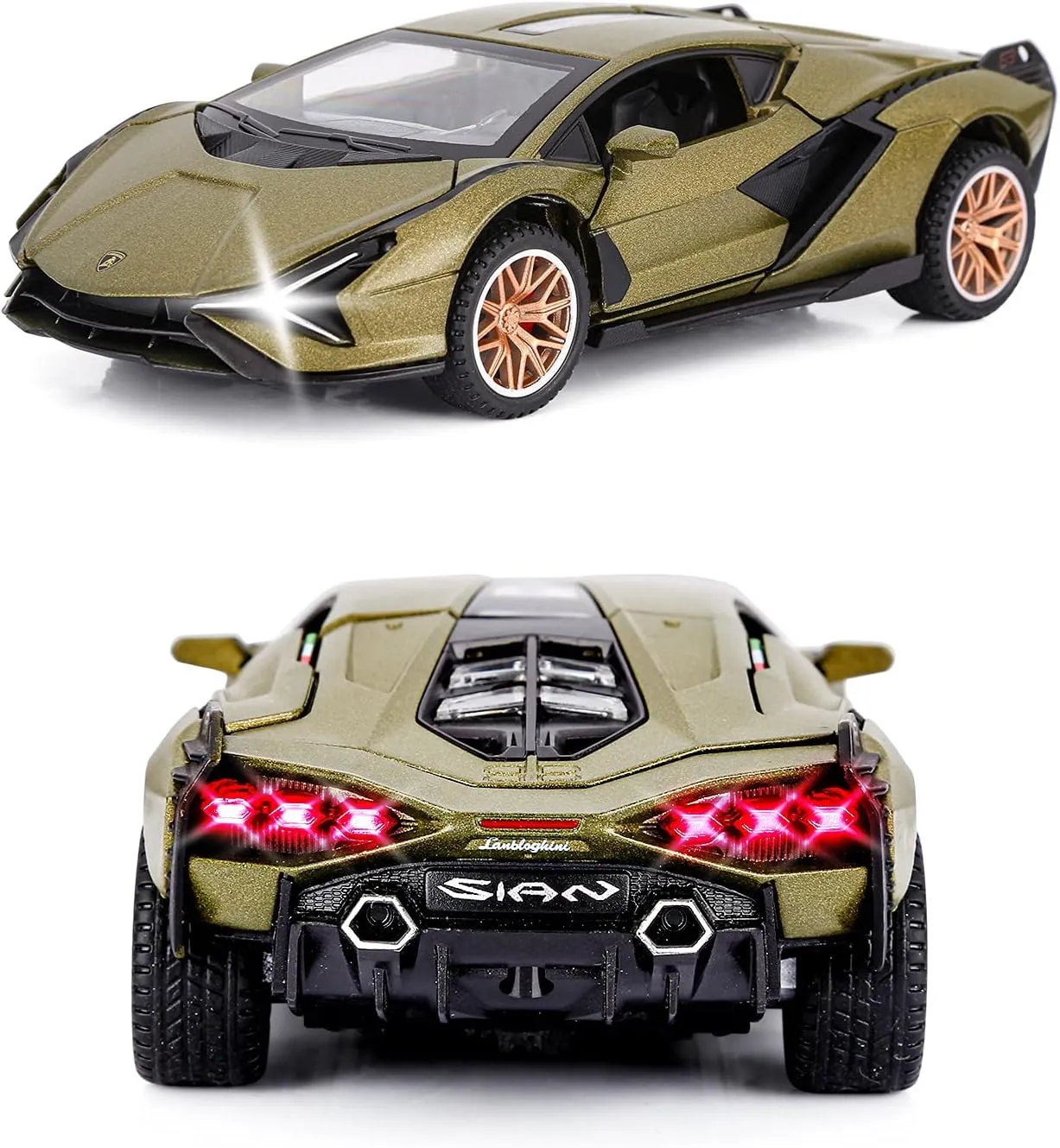 SASBSC Lambo Toy Cars for Kids Sian Fkp37 Diecast Metal Model Car with Light and Sound Pull Back Toy Car for Boys Age 3   Year Old (Army Green)