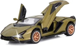 SASBSC Lambo Toy Cars for Kids Sian Fkp37 Diecast Metal Model Car with Light and Sound Pull Back Toy Car for Boys Age 3   Year Old (Army Green)
