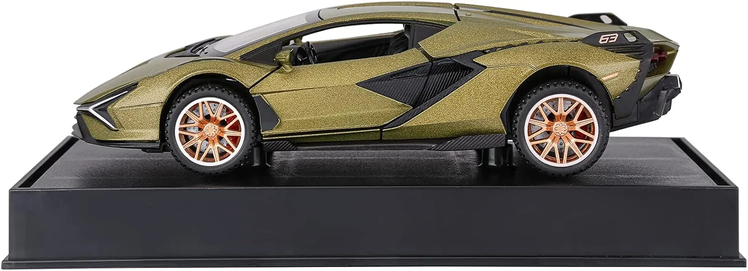 SASBSC Lambo Toy Cars for Kids Sian Fkp37 Diecast Metal Model Car with Light and Sound Pull Back Toy Car for Boys Age 3   Year Old (Army Green)