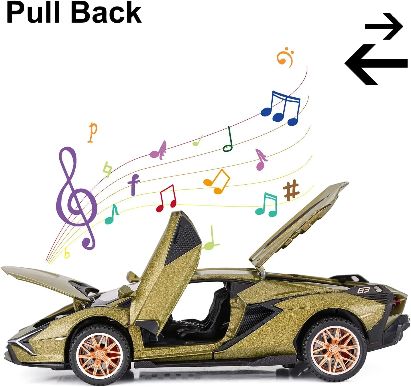 SASBSC Lambo Toy Cars for Kids Sian Fkp37 Diecast Metal Model Car with Light and Sound Pull Back Toy Car for Boys Age 3   Year Old (Army Green)