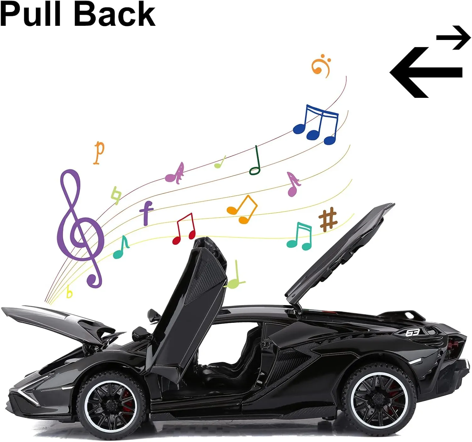 SASBSC Lambo Toy Cars for Kids Sian Fkp37 Diecast Metal Model Car with Light and Sound Pull Back Toy Car for Boys Age 3   Year Old (Black)
