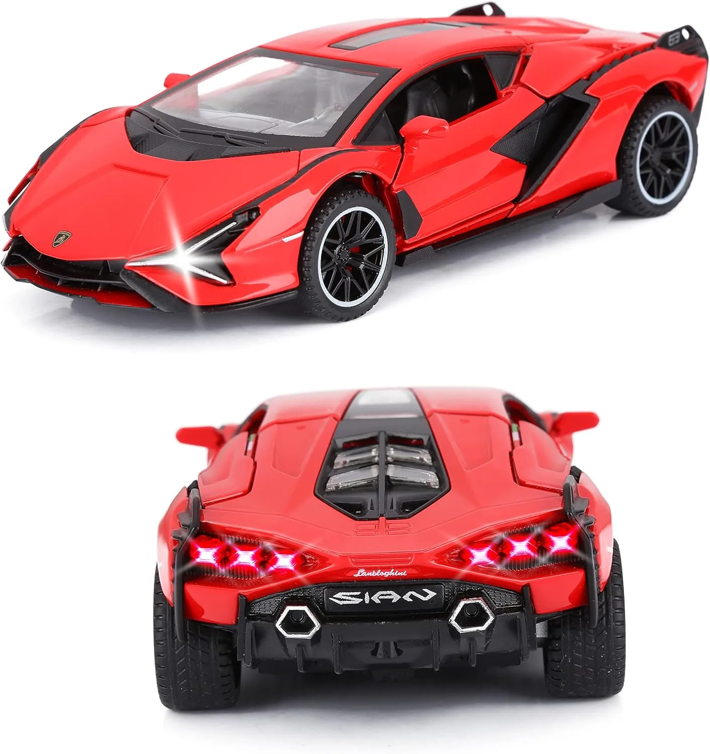 SASBSC Lambo Toy Cars for Kids Sian Fkp37 Diecast Metal Model Car with Light and Sound Pull Back Toy Car for Boys Age 3   Year Old (Red)