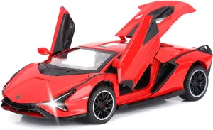 SASBSC Lambo Toy Cars for Kids Sian Fkp37 Diecast Metal Model Car with Light and Sound Pull Back Toy Car for Boys Age 3   Year Old (Red)
