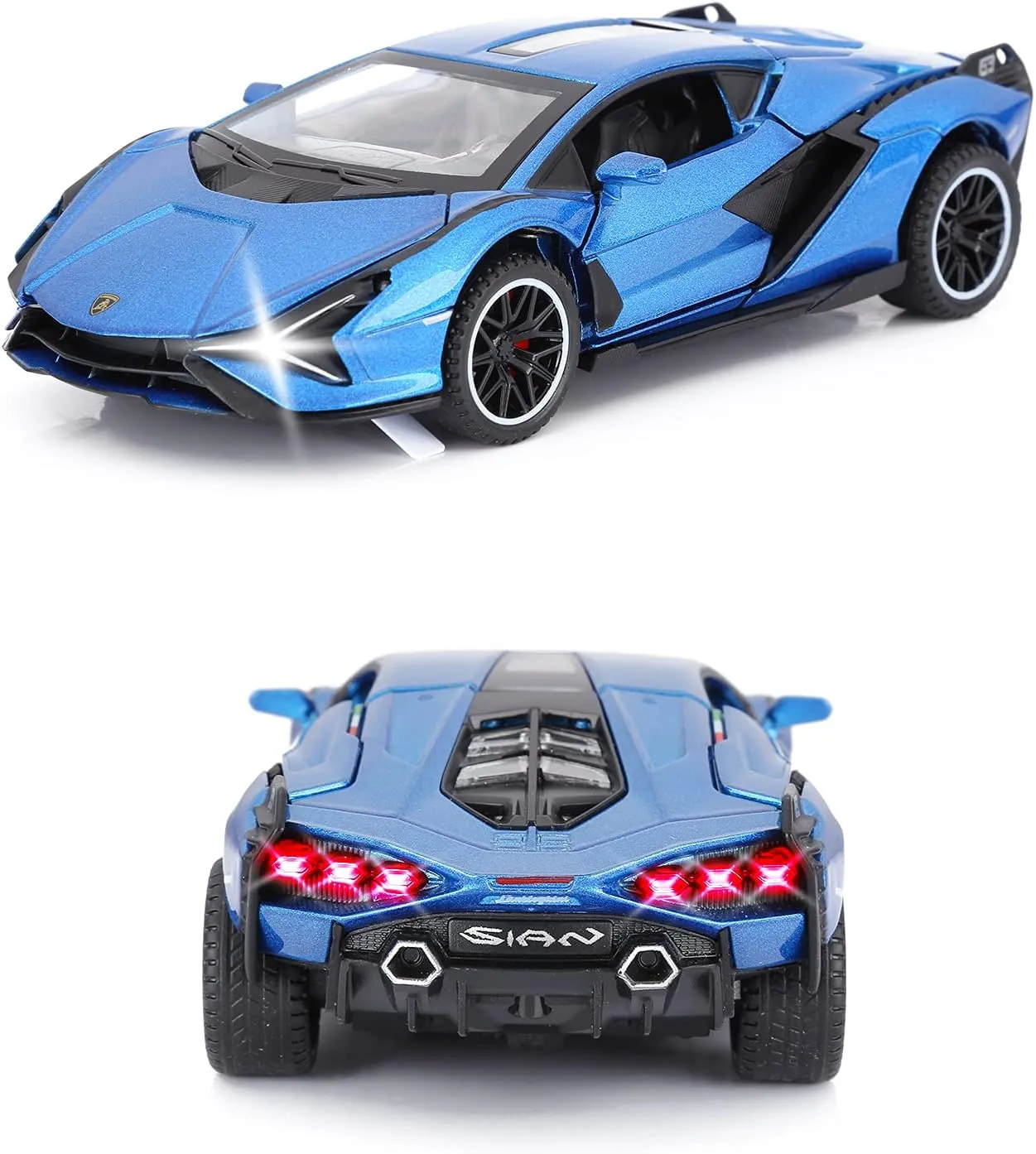SASBSC Lambo Toy Cars Sian Fkp37 Diecast Metal Model Car with Light and Sound Pull Back Car Toys for Boys Age 3   Year Old (Blue)