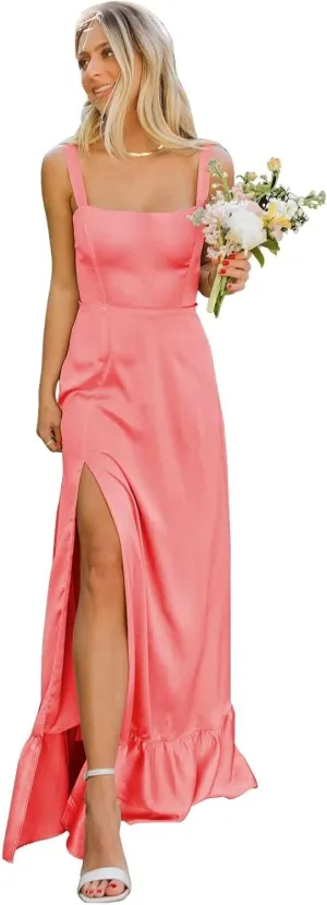 Satin Bridesmaid Dresses Long for Women Square Neck Formal Evening Gowns A Line Wedding Guest Dress with Slit