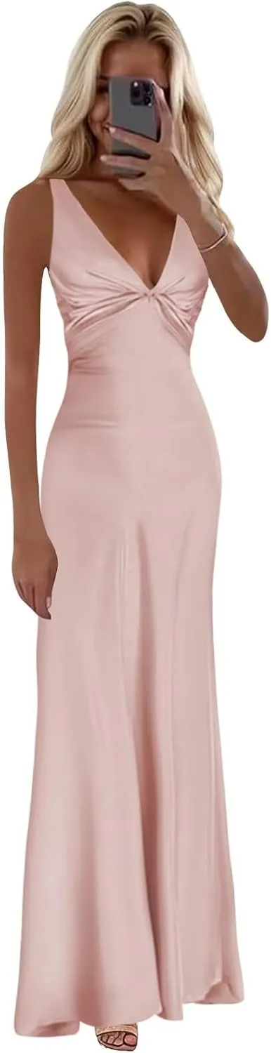 Satin Prom Dresses for Women V-Neck Halter Ruched Long Formal Wedding Guest Dress