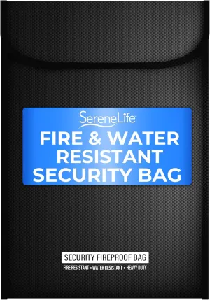 SereneLife Fire & Water Resistant Security Bag | 0.6"x11"x15" IN Fire Resistant Document & Money Bag with Interior Pockets, Durable Design, Ideal for Home, Office, or Travel Use | Black