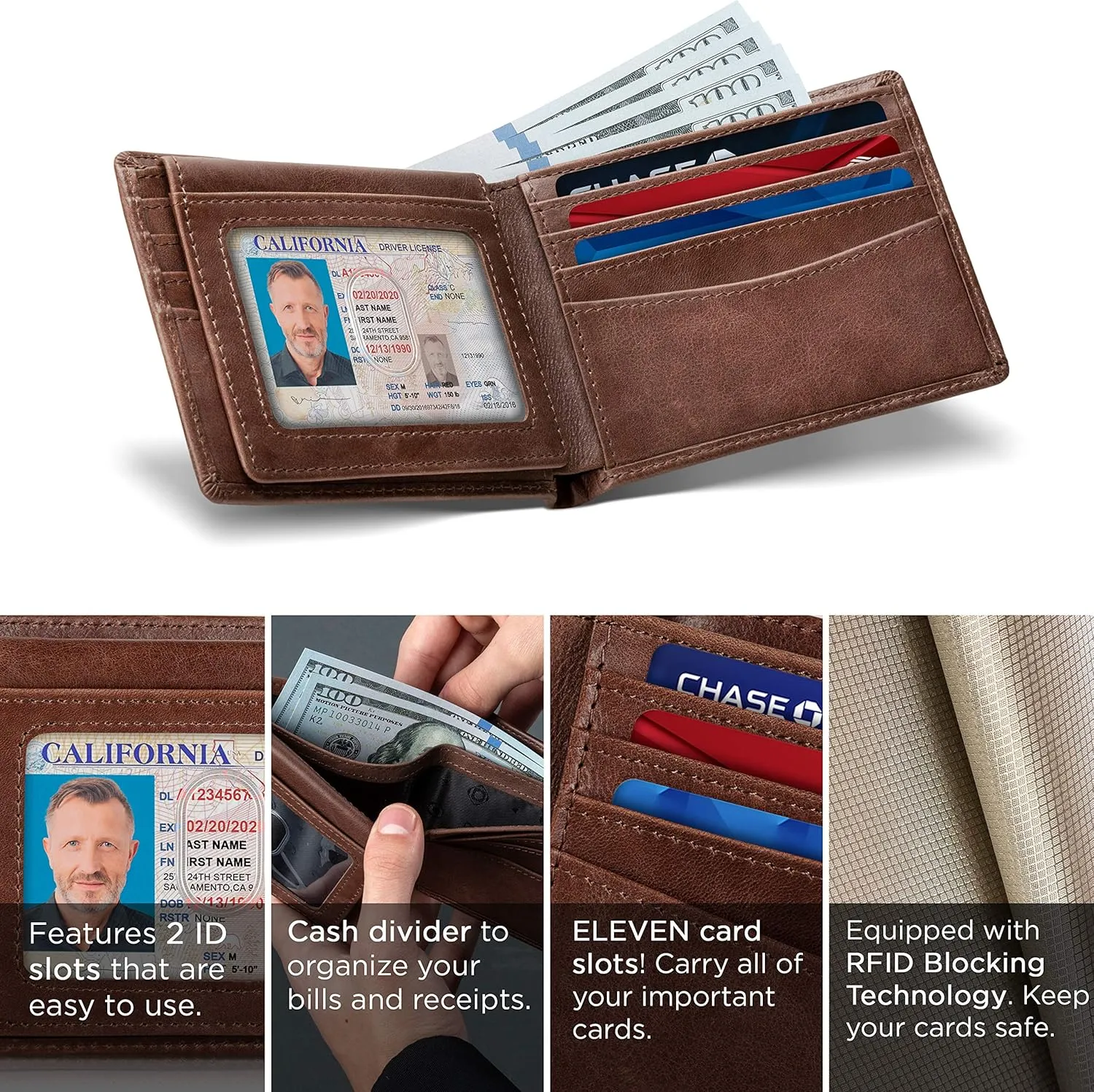 SERMAN BRANDS 2 ID Window Wallet for Men RFID Blocking Leather, Bifold Top Flip, Extra Capacity Travel Wallet