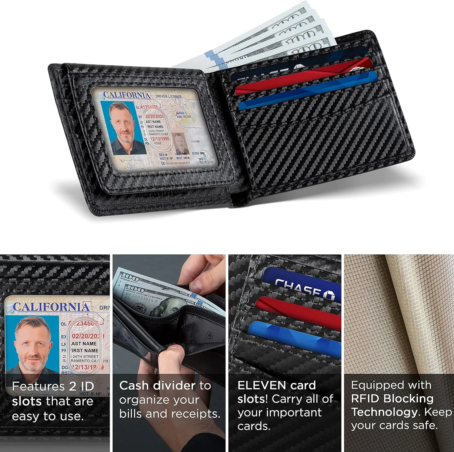 SERMAN BRANDS 2 ID Window Wallet for Men RFID Blocking Leather, Bifold Top Flip, Extra Capacity Travel Wallet