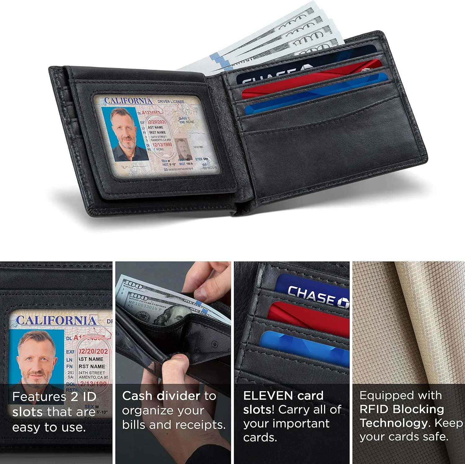 SERMAN BRANDS 2 ID Window Wallet for Men RFID Blocking Leather, Bifold Top Flip, Extra Capacity Travel Wallet