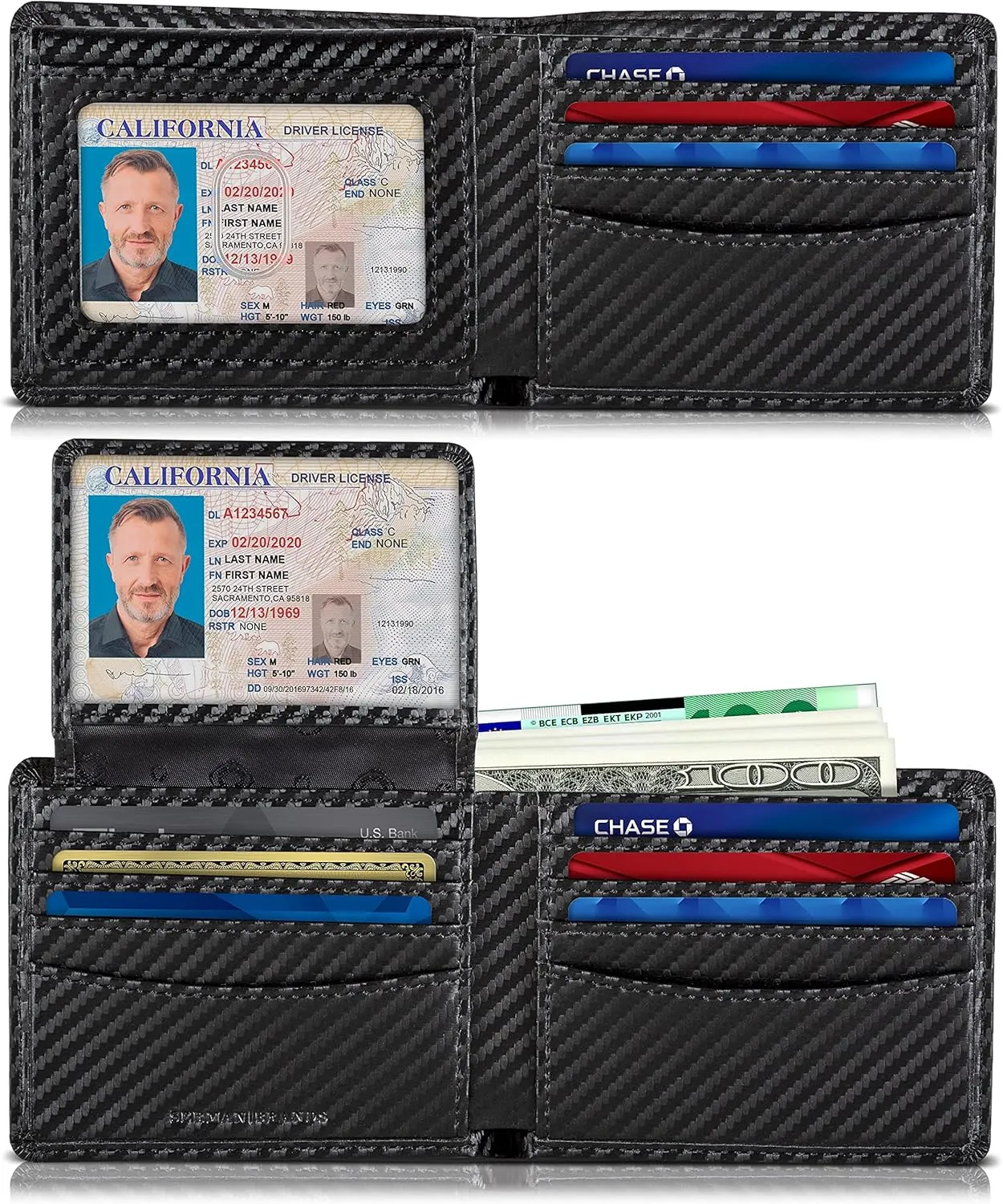 SERMAN BRANDS 2 ID Window Wallet for Men RFID Blocking Leather, Bifold Top Flip, Extra Capacity Travel Wallet