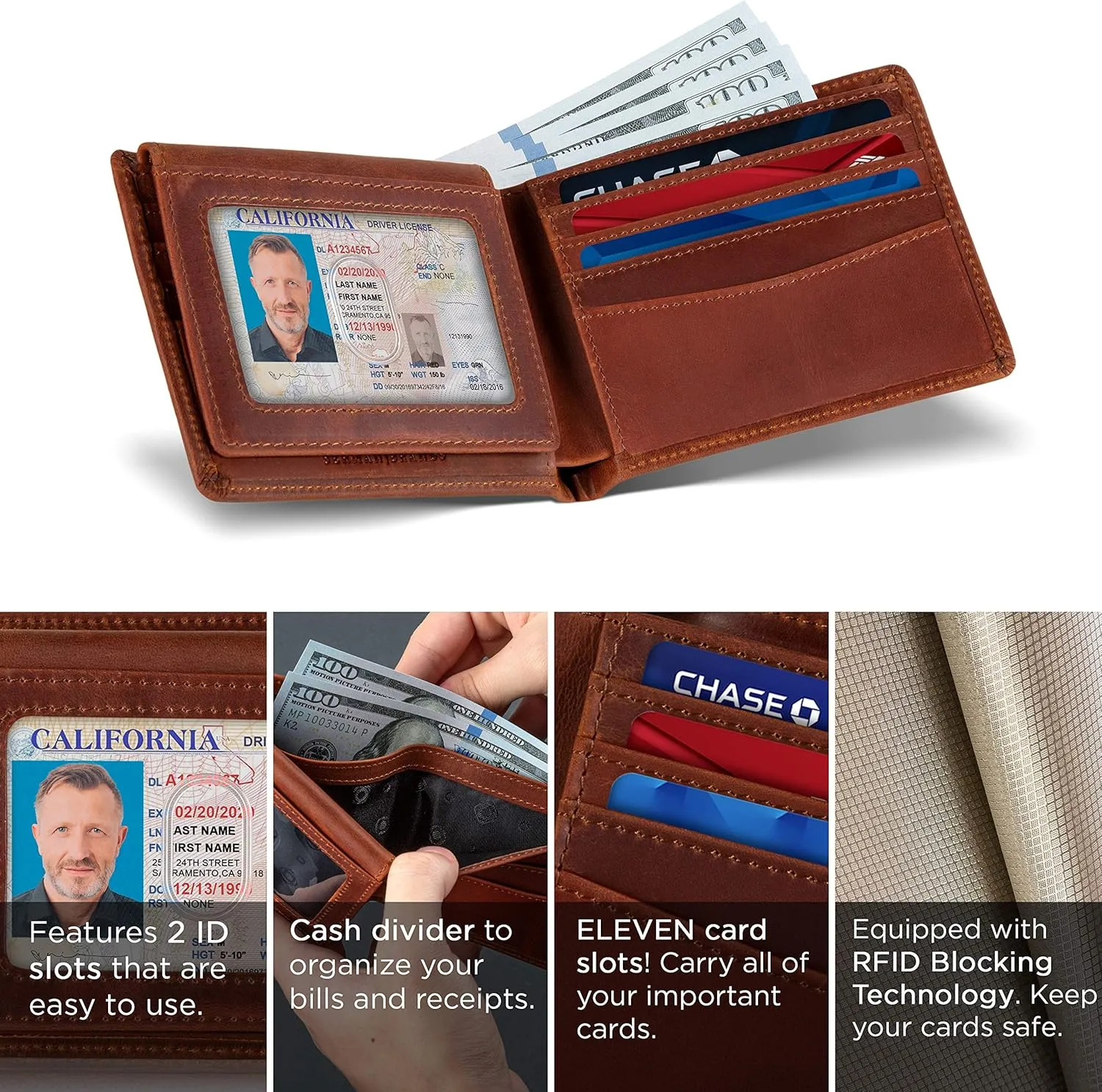 SERMAN BRANDS 2 ID Window Wallet for Men RFID Blocking Leather, Bifold Top Flip, Extra Capacity Travel Wallet