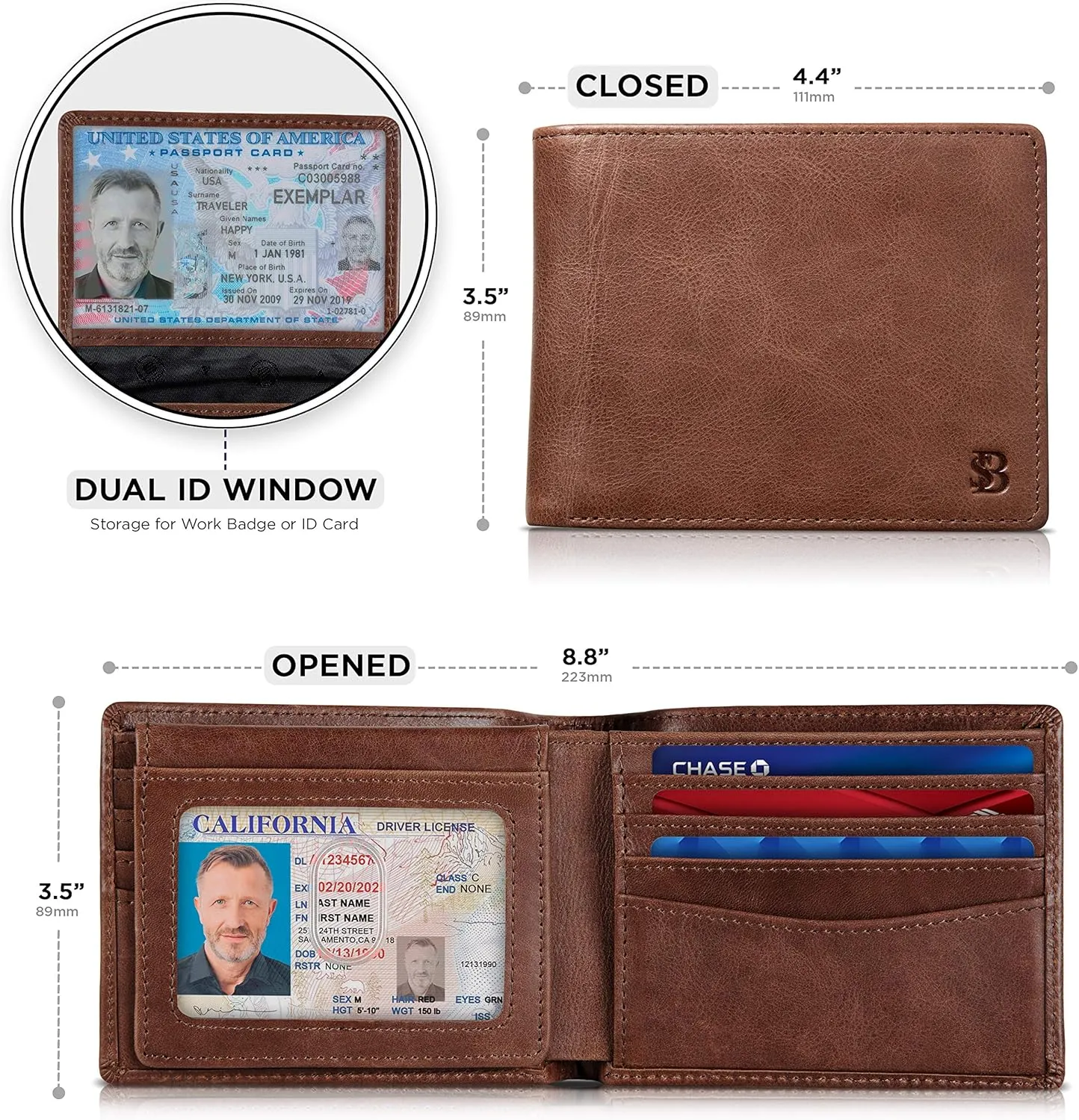 SERMAN BRANDS 2 ID Window Wallet for Men RFID Blocking Leather, Bifold Top Flip, Extra Capacity Travel Wallet