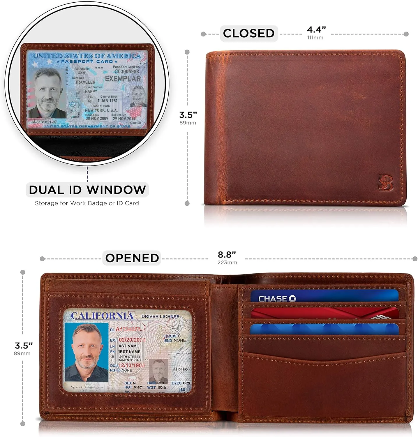 SERMAN BRANDS 2 ID Window Wallet for Men RFID Blocking Leather, Bifold Top Flip, Extra Capacity Travel Wallet