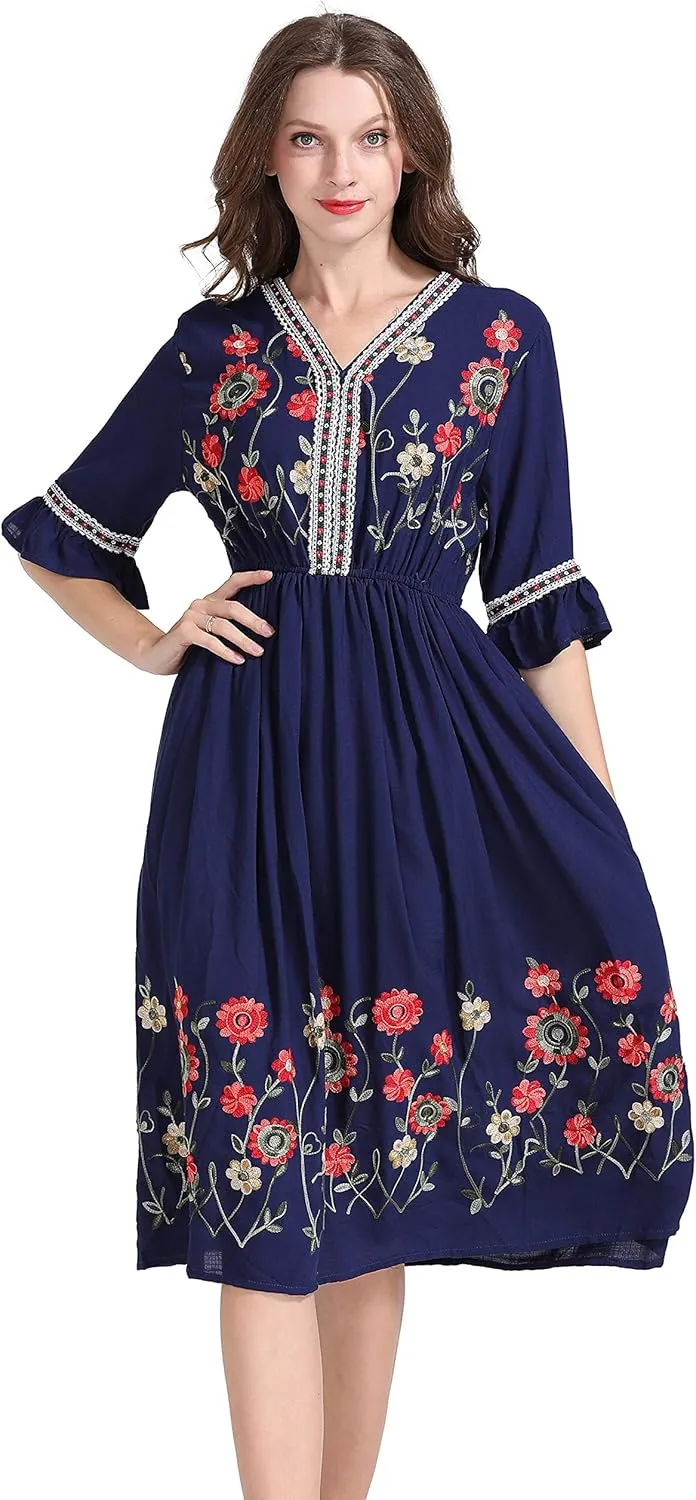 Shineflow Women's Short Sleeve Mexican Embroidered Floral Pleated Midi A-line Cocktail Dress