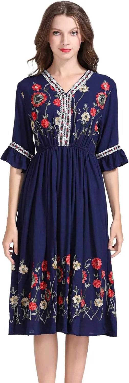 Shineflow Women's Short Sleeve Mexican Embroidered Floral Pleated Midi A-line Cocktail Dress