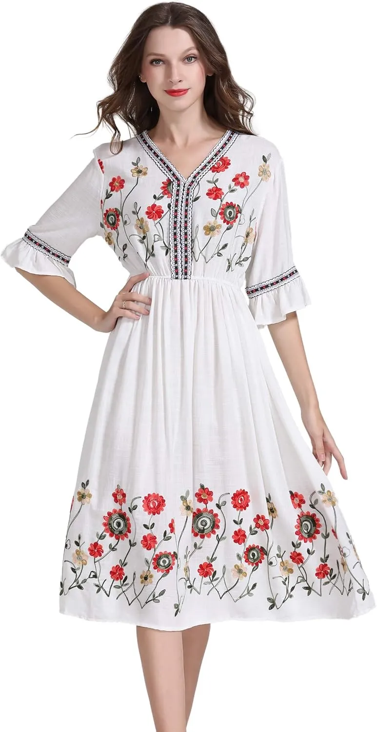 Shineflow Women's Short Sleeve Mexican Embroidered Floral Pleated Midi A-line Cocktail Dress