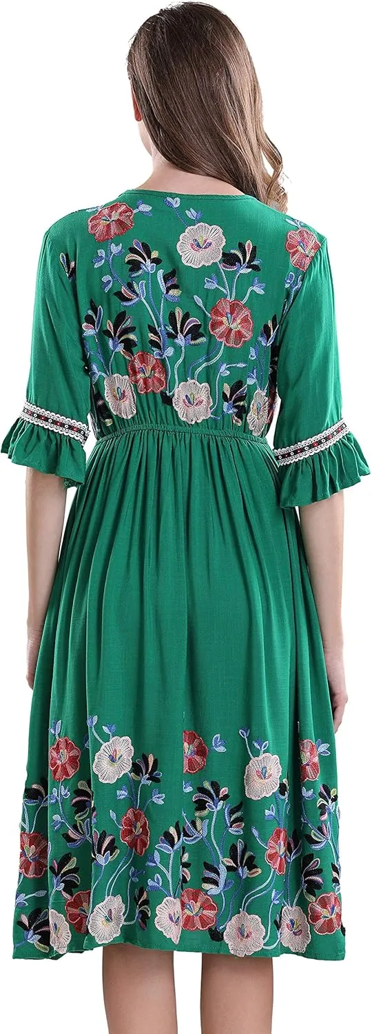 Shineflow Women's Short Sleeve Mexican Embroidered Floral Pleated Midi A-line Cocktail Dress