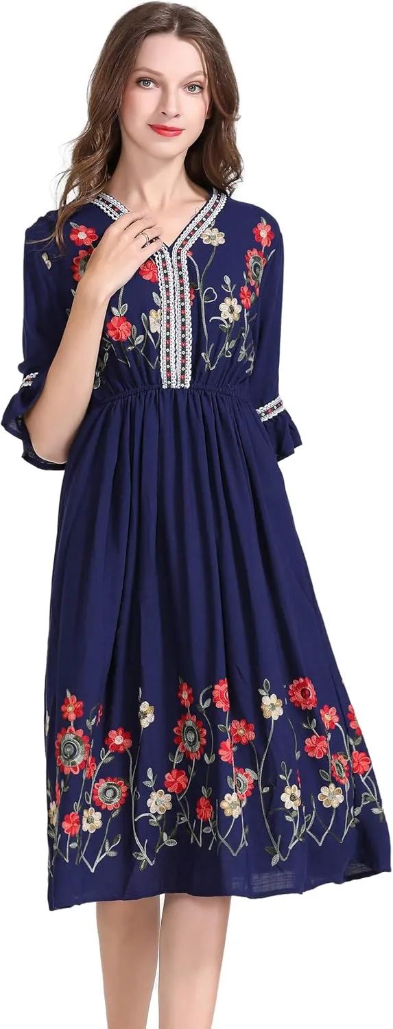 Shineflow Women's Short Sleeve Mexican Embroidered Floral Pleated Midi A-line Cocktail Dress