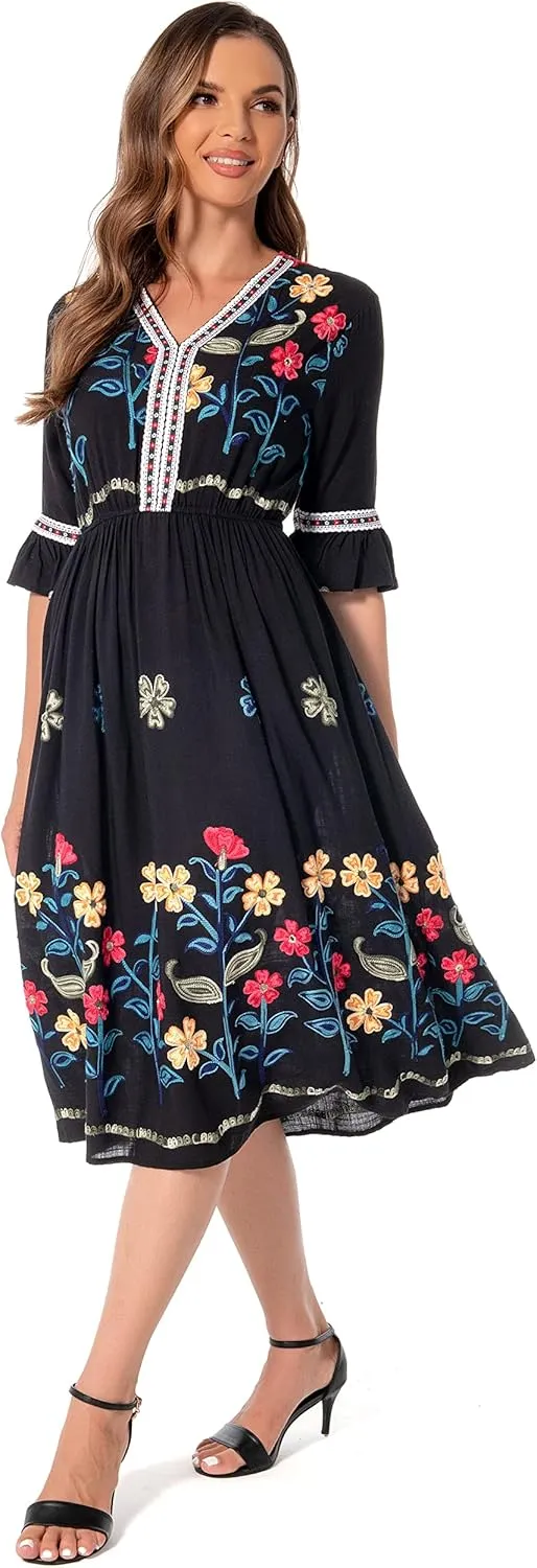 Shineflow Women's Short Sleeve Mexican Embroidered Floral Pleated Midi A-line Cocktail Dress