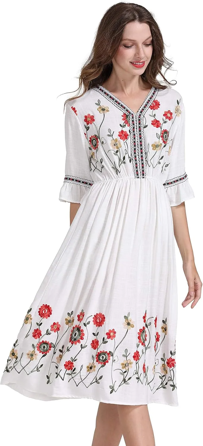 Shineflow Women's Short Sleeve Mexican Embroidered Floral Pleated Midi A-line Cocktail Dress