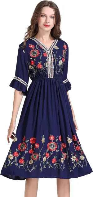 Shineflow Women's Short Sleeve Mexican Embroidered Floral Pleated Midi A-line Cocktail Dress