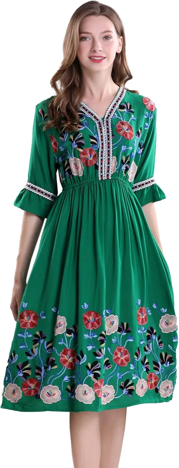 Shineflow Women's Short Sleeve Mexican Embroidered Floral Pleated Midi A-line Cocktail Dress