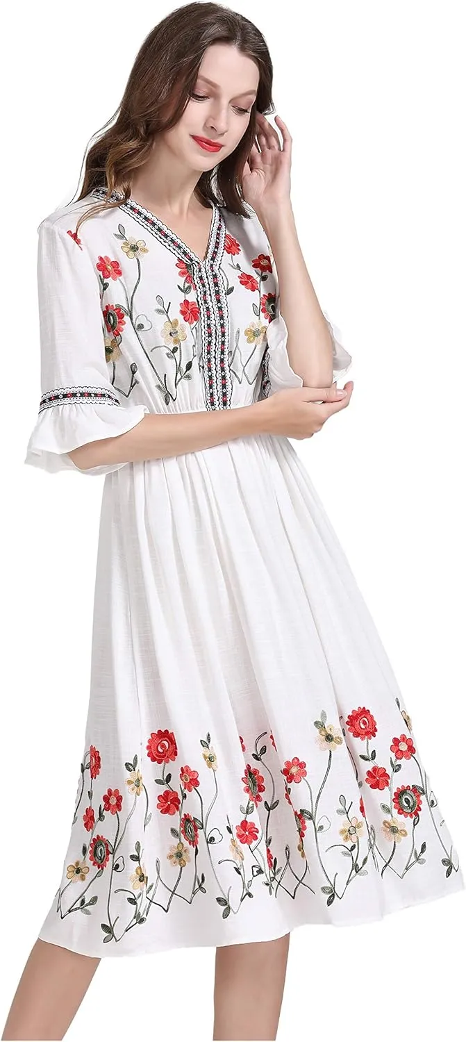 Shineflow Women's Short Sleeve Mexican Embroidered Floral Pleated Midi A-line Cocktail Dress