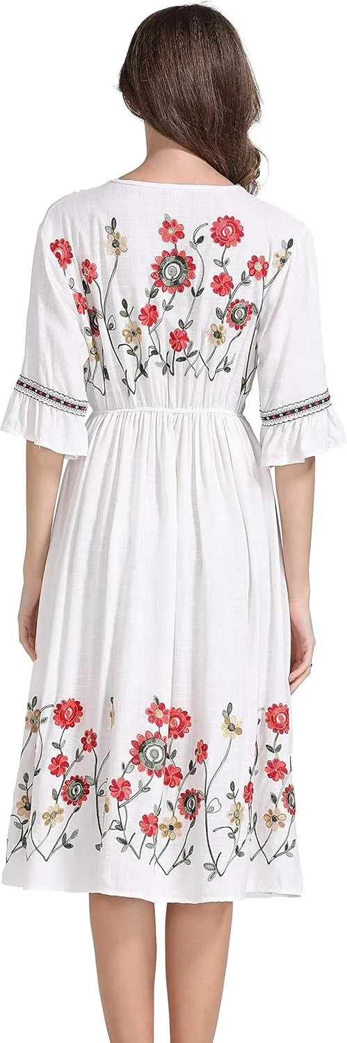 Shineflow Women's Short Sleeve Mexican Embroidered Floral Pleated Midi A-line Cocktail Dress