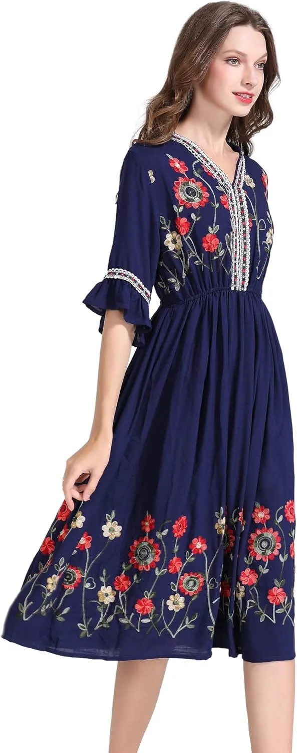 Shineflow Women's Short Sleeve Mexican Embroidered Floral Pleated Midi A-line Cocktail Dress