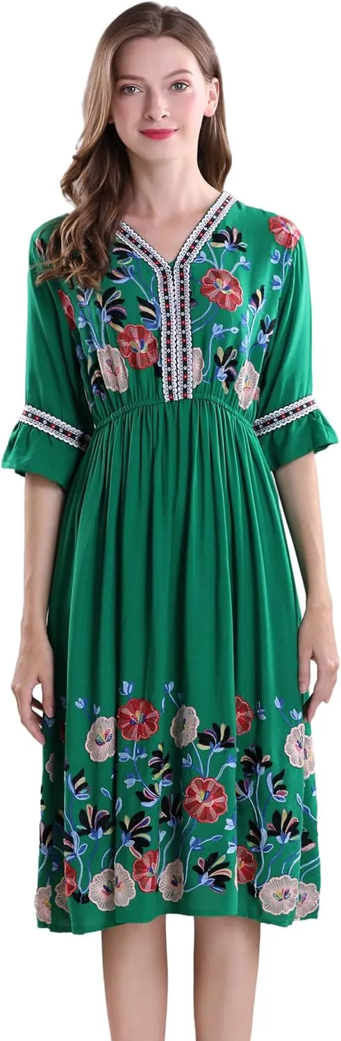 Shineflow Women's Short Sleeve Mexican Embroidered Floral Pleated Midi A-line Cocktail Dress