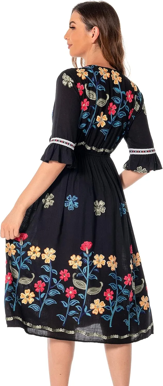 Shineflow Women's Short Sleeve Mexican Embroidered Floral Pleated Midi A-line Cocktail Dress