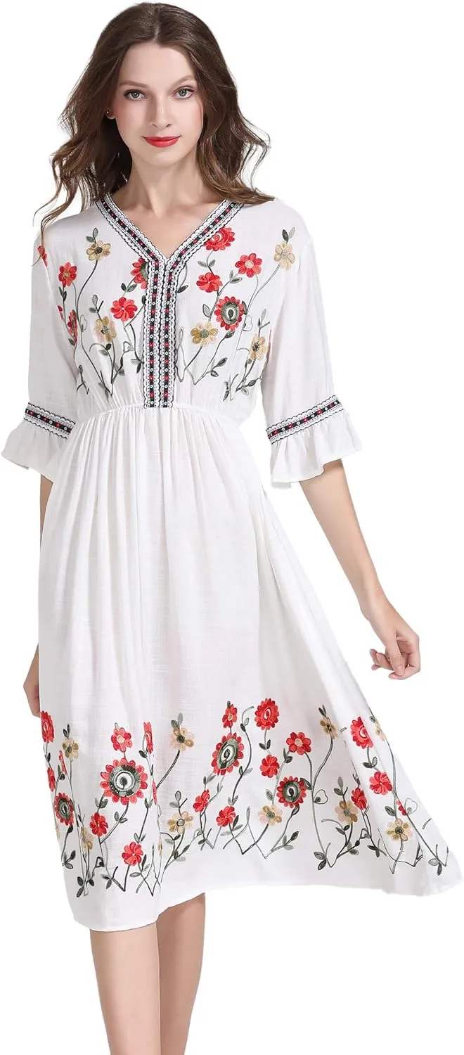 Shineflow Women's Short Sleeve Mexican Embroidered Floral Pleated Midi A-line Cocktail Dress