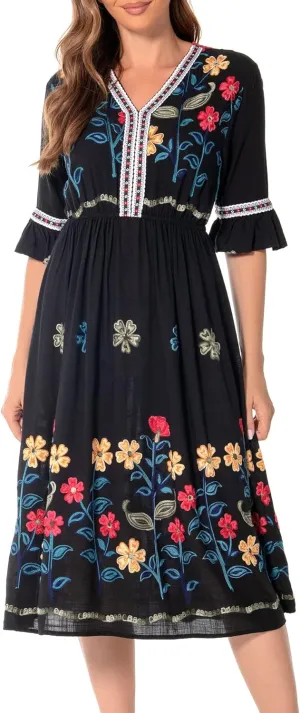 Shineflow Women's Short Sleeve Mexican Embroidered Floral Pleated Midi A-line Cocktail Dress