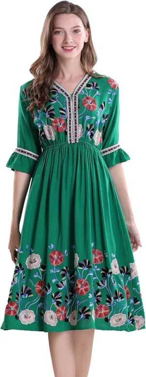 Shineflow Women's Short Sleeve Mexican Embroidered Floral Pleated Midi A-line Cocktail Dress