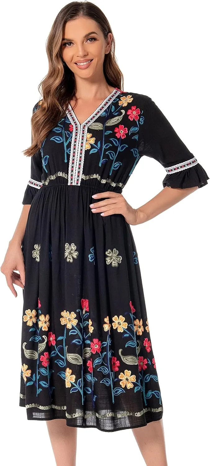 Shineflow Women's Short Sleeve Mexican Embroidered Floral Pleated Midi A-line Cocktail Dress
