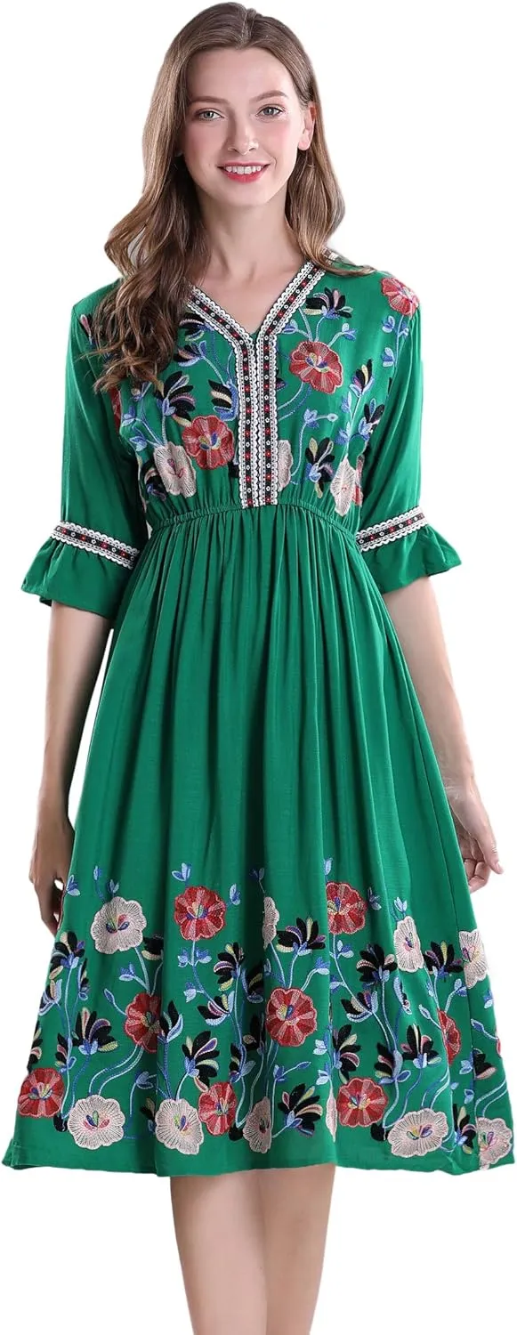 Shineflow Women's Short Sleeve Mexican Embroidered Floral Pleated Midi A-line Cocktail Dress