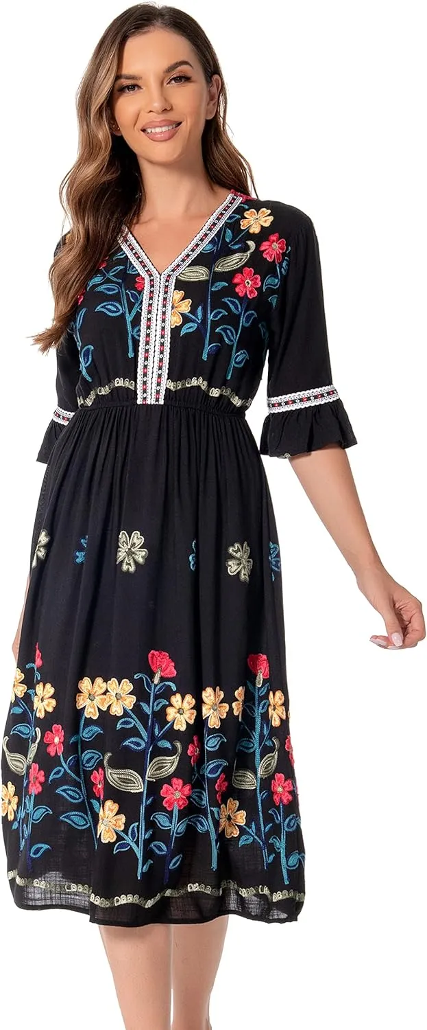 Shineflow Women's Short Sleeve Mexican Embroidered Floral Pleated Midi A-line Cocktail Dress