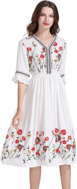 Shineflow Women's Short Sleeve Mexican Embroidered Floral Pleated Midi A-line Cocktail Dress