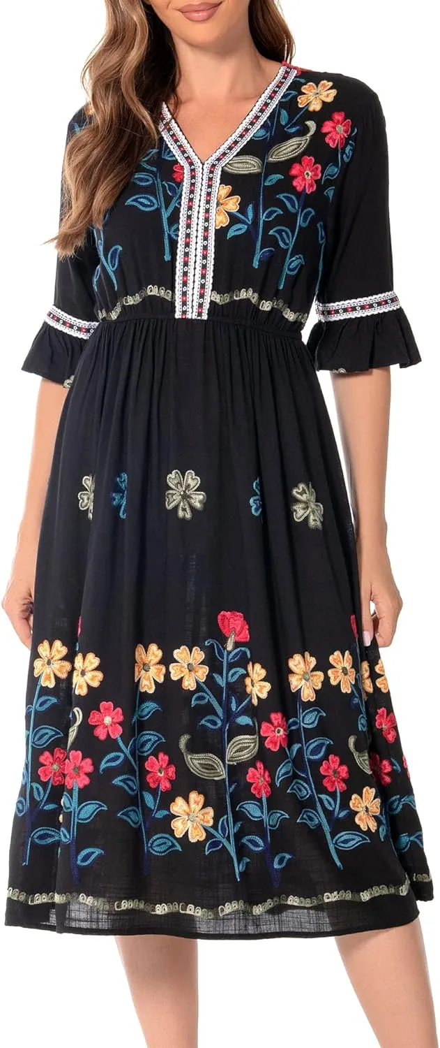 Shineflow Women's Short Sleeve Mexican Embroidered Floral Pleated Midi A-line Cocktail Dress