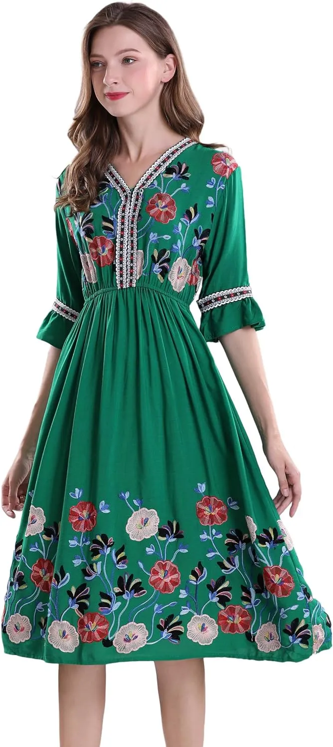 Shineflow Women's Short Sleeve Mexican Embroidered Floral Pleated Midi A-line Cocktail Dress