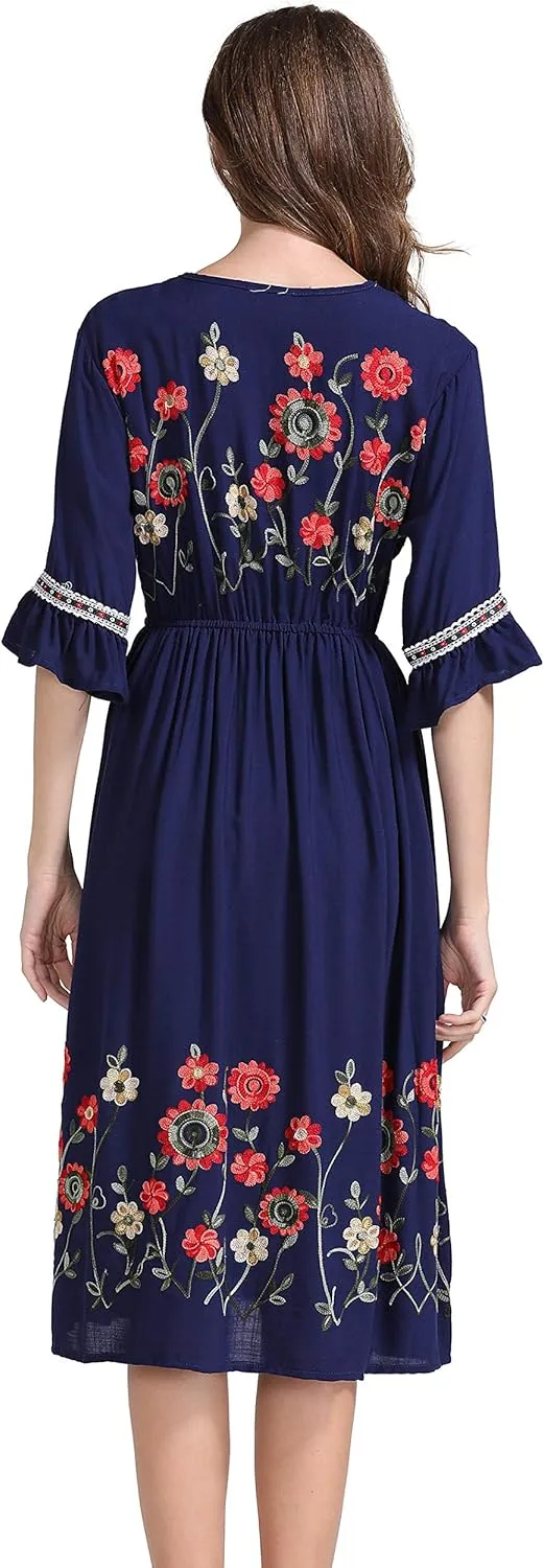 Shineflow Women's Short Sleeve Mexican Embroidered Floral Pleated Midi A-line Cocktail Dress